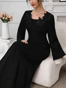 Al Najma Elegantes schwarzes Kleid mit quadratischem Ausschnitt, Kragen mit bestickter Applikation, glamouröses Partykleid - Schwarz - Übersicht 4