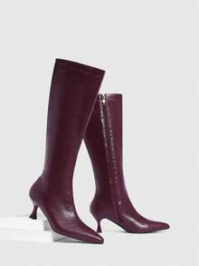 CUCCOO SZL Women's Fashion Pointed Toe Knee-High High Heel Boots For Christmas Valentine's Day - Burgundy - View 2