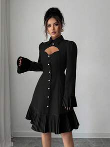 Elenzga Peplum Hem Splice Long Sleeve Short Dress - Black - View 5