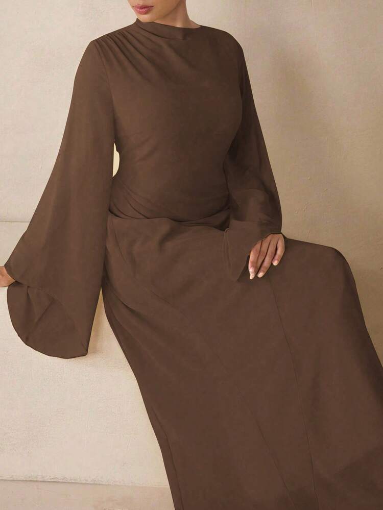 Modelyn Vestido de gasa elegante de color pastel para mujeres, adecuado para maestras, de vuelta a la escuela, tallas grandes, otoño - Café integral - Añade 3