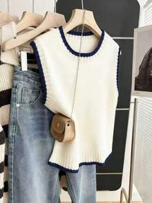 Franclia Casual Loose Crew Neck Sleeveless Knit Contrast Trim Khaki Sweater Top For Women, Spring/Autumn - Beige - View 5