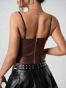 SHEIN ICON 1件女士纯色PU皮革休闲百搭修身吊带背心 - 巧克力棕 - 查看 2