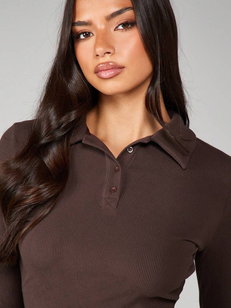 MISSGUIDED Collared Ribbed Long Sleeve Button Up Polo Top With Classic Collar Detail For Casual Office Wear