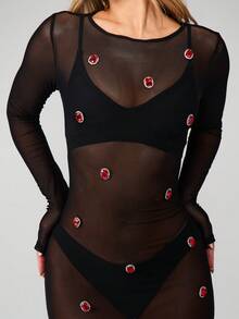 MISSGUIDED Sheer Mesh Long Sleeve Maxi Dress With Red Rhinestone Crystal Embellishments Bodycon Evening Gown - Black - View 6