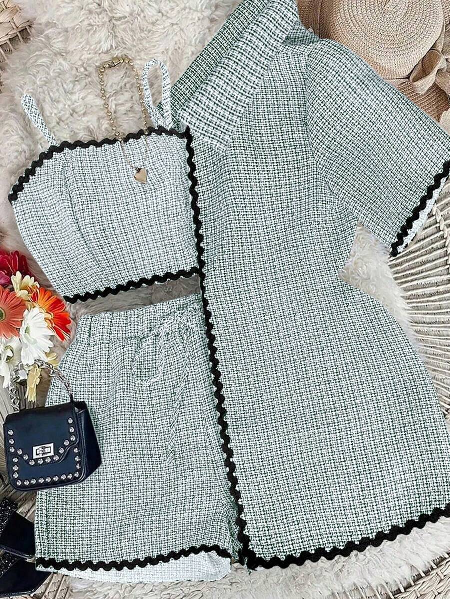 GlowEve Bộ 3 món đồ thu mới đi làm thanh lịch thường ngày trở lại trường đơn giản trang phục công sở: Áo khoác cardigan dài viền bèo nhún vải dệt nhiều màu, áo hai dây siêu ngắn, quần short ống đứng, dành cho nữ - Nhiều màu - Xem 1