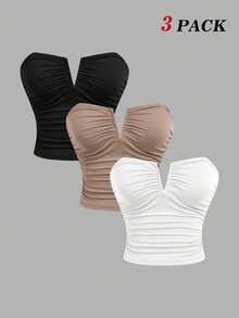 SHEIN MOD 3pcs/Set Women's White Deep V Neck Ruched Camisole Top,Rave,Graduation ,Romantic ,Summer ,Festival,Country Outfits,Beach Vacation Wear,Tea Party ,Modest ,Prom Top,Tube Top With Bra - Black and White - View 1
