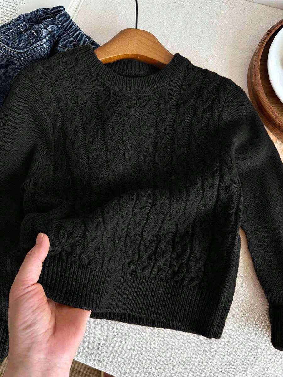 SHEIN LMoss Kids Young Boy Fashionable Winter 80s School Gingerbread Sweater,Cute Preppy College Style Soft Comfortable School Uniform For Christmas,Halloween,Daily - Black - View 1