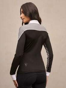 Activina Women's Contrast Button Half-Placket Long Sleeve Equestrian Top Equestrian Clothing Horseback Riding Outfit Women's Polo Sport Shirts For Women Equestrian Tops For Women - Black and White - View 2