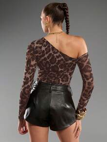 Normani Women's Fashion Leopard Print Mesh Sheer Shoulder Long Sleeve Bodysuit - Coffee Brown - View 2