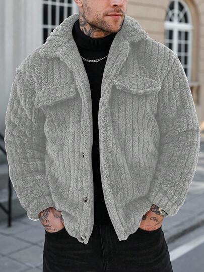 Manfinity CasualCool 舒适男士浅灰色法兰绒抓绒外套，带前口袋，袖长至手腕，常规长度，男士纽扣休闲夹克，灰色