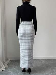 SHEIN Elenzya Chân váy Maxi len pha ren xẻ tà ngọc trai cạp cao thanh lịch, thích hợp mặc thường ngày, dự tiệc, thu đông - Đen và trắng - Xem 2