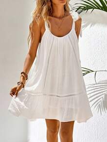 Swim Vcay 女士夏季沙滩蕾丝拼接圆领无袖系带度假罩衫连衣裙 - 白色 - 查看 5