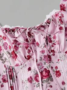 SHEIN MOD 女士碎花褶皱系带休闲迷你连衣裙 - 彩色 - 查看 5