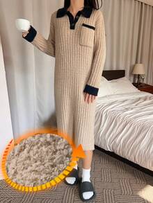 DAZY Áo ngủ nữ dài ngang gối, chất liệu nỉ phối màu tương phản, mềm mại, thích hợp mặc ở nhà vào mùa đông. - Màu Khaki - Xem 5