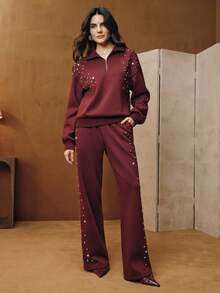 Anewsta Celana Jogging Longgar Berbahan Termal dengan Hiasan Rhinestone, Lapisan Dalam, Warna Merah Burgundy, Kaki Lebar, Modis, Cocok untuk Festival, Musim Semi, Payet, Chic, Kasual - Burgundy - View 3