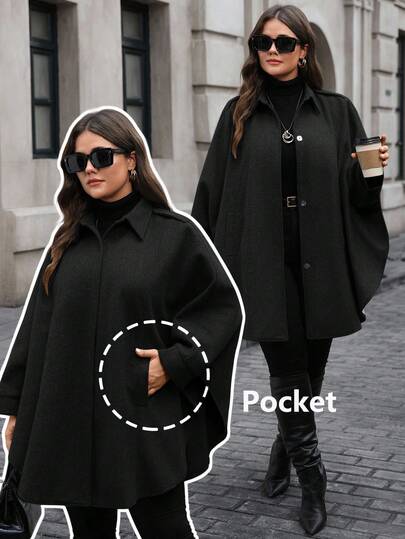 EMERY ROSE 大码优雅纯色斗篷外套，适合通勤、秋冬季穿着