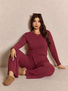 Elaquor 2pcs/Set Women Plus Size Casual Solid Color Long Sleeve Top And Pants - Burgundy - View 4