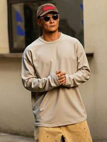 DAZY 男士米色圆领长袖休闲宽松T恤，秋季款 - 米色 - 查看 5