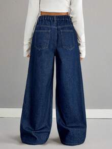 SHEIN Jeans anchos y sueltos de pierna ancha lavados para niñas preadolescentes - Azul lavado oscuro - Ver 2