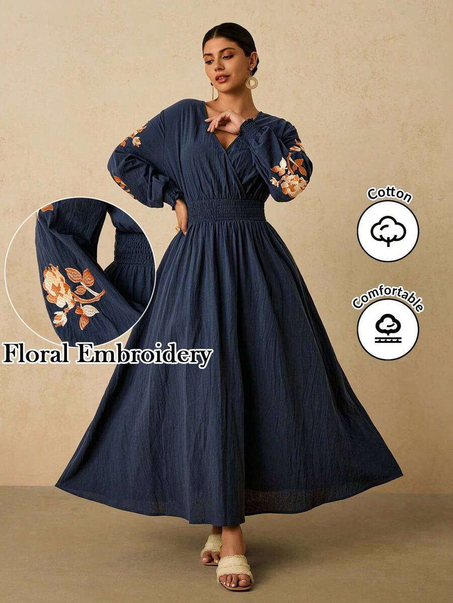 Travachic Váy chữ A tay dài màu xanh navy cỡ lớn cho nữ, váy thêu hoa, váy cotton pha trộn thời trang thu/đông - Màu xanh hải quân - Xem 1