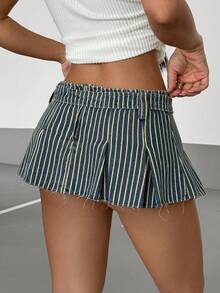 StreetHx Women's Sexy Casual Versatile Striped Waist Band Pleated Denim Mini Skirt - Dark Wash - View 2
