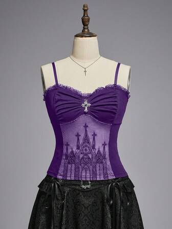 Combinaison gothique pour femmes avec pendentif croix, patchwork de dentelle romantique et floqué