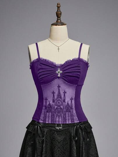 Goth Gotisches Kreuz Anhänger romantisches Spitzen-Patchwork beflockter Bodysuit für Frauen