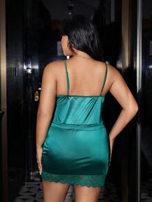 SilkySpell Plus Size Lace Patchwork Faux Silk Nightgown Green Dark Lingerie Dress Sleepwear - Green - View 2