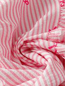 Linhara 大码女式蝴蝶结条纹荷叶边V领衬衫，面料柔软舒适，适合日常穿着 - 粉色 - 查看 3