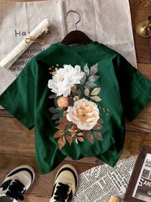 INAWLY 春夏新款字母印花圆领休闲百搭短袖T恤，复古风，热转印花卉纹理面料，通勤百搭，柔软亲肤面料，适合户外穿着，新款女式上衣，女式印花T恤，女式衬衫，女士情人节装扮，节日服装，春季，女士节日服装，春夏女装 - 墨綠色 - 查看 3