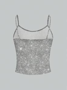 Y2Kool ORANGE STUDIO Women's Fashionable Shiny Slim Camisole For Summer Silver Crop Top Silver Top Women Sparkle Top Glittery Top Bling Top Spring Outfits Women Y2K Carnival Clothes - Silver - View 2