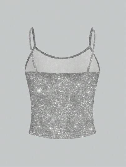 Y2Kool ORANGE STUDIO Canotta elegante e aderente da donna per l'estate, top corto argento, top argentato da donna, top scintillante, top luccicante, top con brillantini, top primaverile da donna in stile Y2K per il carnevale