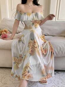 Modelyn 女士网纱印花露肩荷叶边摆摆连衣裙，夏季 - 黃色 - 查看 5