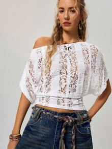 Freevana Women's Floral Lace Batwing Short Sleeve Cropped Fashionable T-Shirt Boho Women Clothing Country Sheer Top Romantic Lace Lacey Top - White - View 3