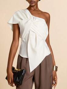 Vesra 女士纯色扭结肩部设计上衣 - 杏色 - 查看 3