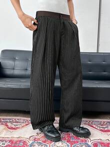 Manfinity BRENVOR Men's Casual Suit Pants Stylish Patchwork Waistband Design Exquisite Embroidery Craftsmanship Daily Casual Wear - Black - View 5