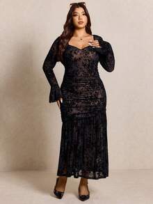 Elaquor Plus Size Elegant Ruched Waist Fitted Maxi Black Dress For Women,Velvety Fabric Keyhole Neckline,Autumn Formal Evening Wedding Party Modest Dresses - Black - View 4