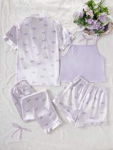 4件套甜美可爱蝴蝶结领结、条纹印花无袖上衣、短袖开衫、短裤和长裤休闲家居服套装，适合少女穿着 - 彩色 - 查看 2