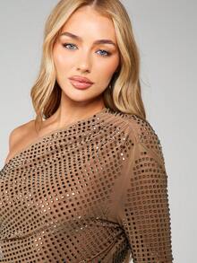 MISSGUIDED One Shoulder Sequin Embellished Long Sleeve Top With Asymmetric Neckline And Ruched Body Fit Design - Apricot - View 4