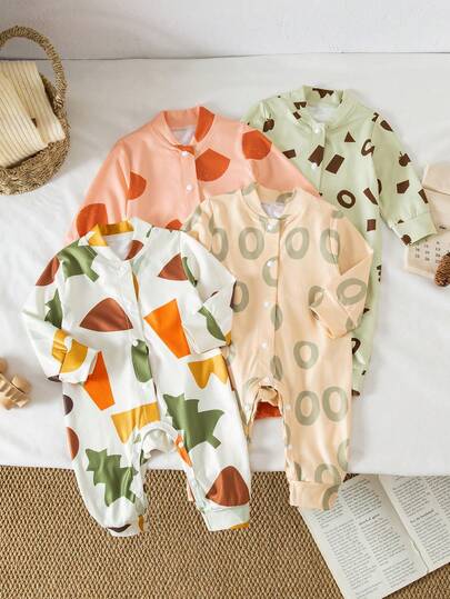 新生儿4件套几何图案针织长袖连体衣和裤子组合，多色搭配，秋冬百搭睡衣