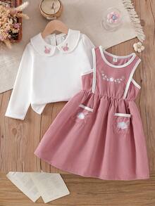 Vintaside Kids Conjunto de blusa de manga larga con cuello y bordado floral vintage y vestido peto bordado en color albaricoque para niñas, esquema de color otoñal, adecuado para uso casual diario - Rosa - Ver 4