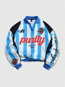 ROMWE MEN 男女通用足球英式印花长袖T恤，休闲运动风 - 藍色 - 查看 5