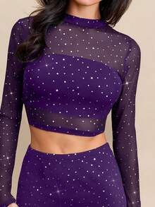 SHEIN Clasi Bộ 2 trang phục lưới đính đá thời trang nữ màu đen, đa năng cho các buổi đi chơi, mùa thu/đông - Màu tím - Xem 5