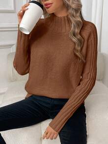 SHEIN LUNE Solid Color High Neck Raglan Sleeve Loose Casual Knit Pullover Sweater - Rust Brown - View 6