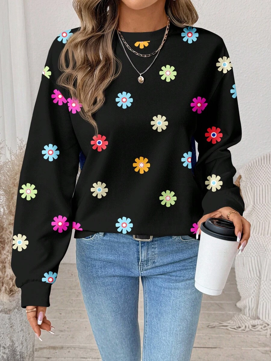 SHEIN LUNE Áo sweatshirt dài tay cổ tròn màu đen dáng rộng, thoải mái, ấm áp, phong cách retro, dễ thương, thích hợp cho gia đình/anh chị em/mặc đôi, in họa tiết hoa nhiều màu sắc, dành cho nữ, phù hợp cho mùa thu/đông. - Nhiều màu - Xem 1