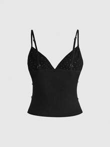 ROMWE Grunge Punk Spring/Summer Sexy Dark PUNK Rivet Chain Patchwork Women's Camisole - Black - View 2