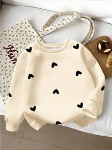 女童休闲时尚甜美可爱爱心印花长袖圆领卫衣，适合外出、情人节、秋冬季穿着。 - 彩色 - 查看 3