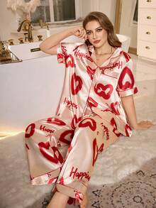 MuseNap CURVE Plus Size Women Sleepwear Set, Elegant Luxurious Sweet Heart Print Satin Short Sleeve Pants Suit Heart Pajama Set Satin Pajama Set - Red - View 2