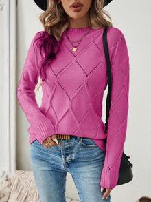 EMERY ROSE Women's Solid Color Minimalist Long Sleeve Fitted Pullover Sweater, Everyday Wear - Hot Pink - View 7