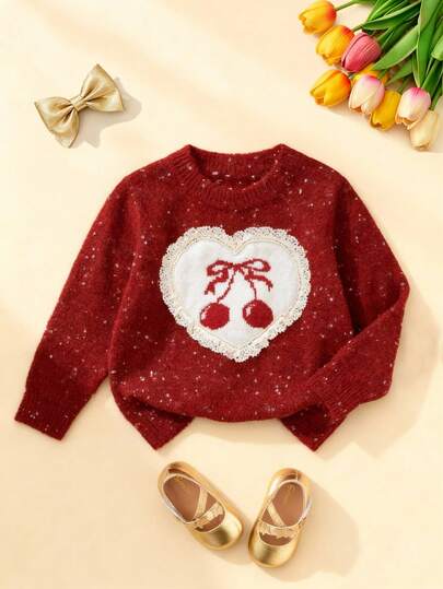 Souflis Souflis 圣诞女孩红色长袖针织套头衫，可爱蝴蝶结和樱桃图案提花针织毛衣，适合秋冬，蕾丝边甜心设计